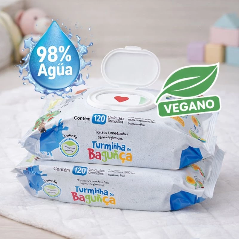 Kit 10 Toalhas Umedecidas Turminha da Bagunça 120 Folhas C/ Tampa 98% Água - Imagem 2