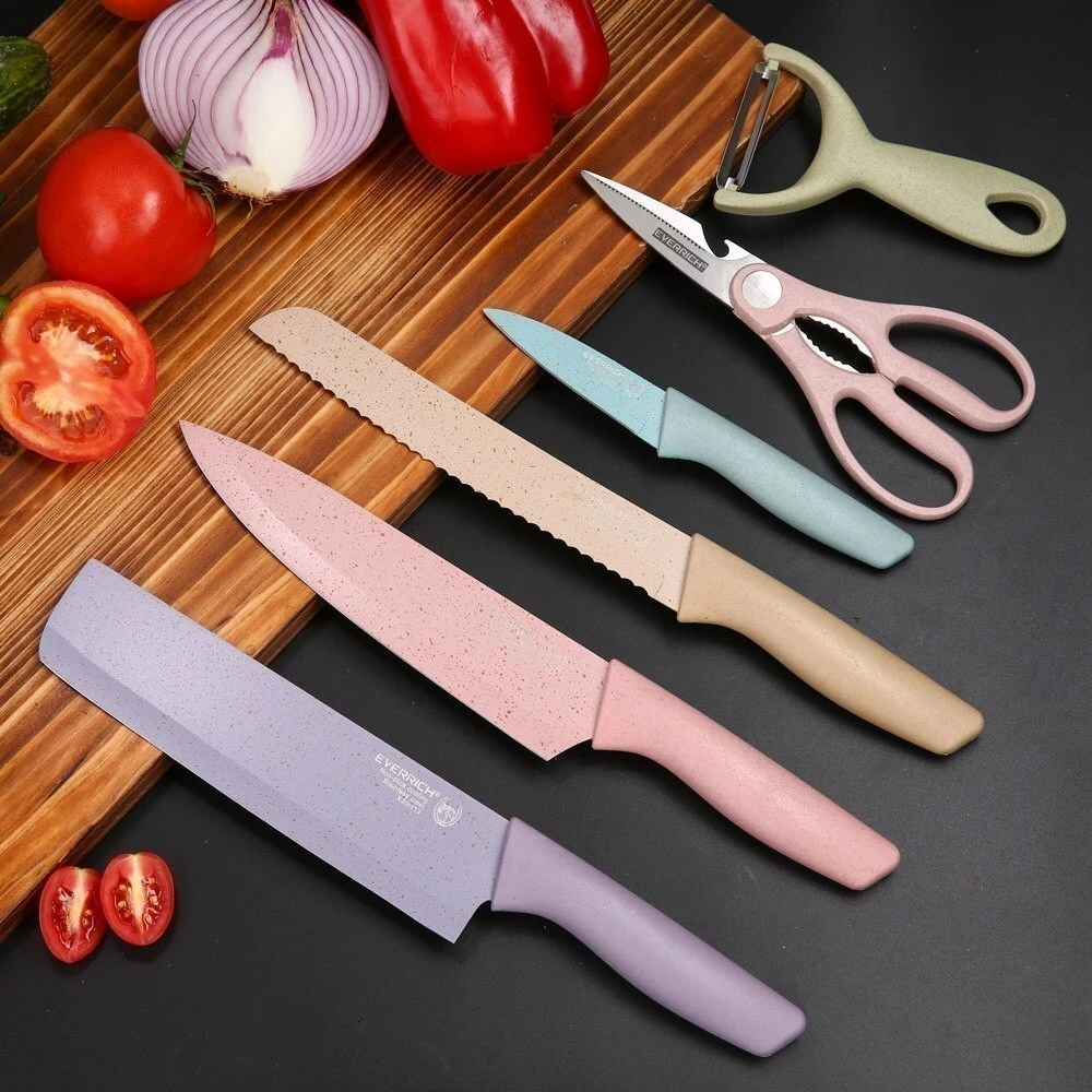 Kit facas de cozinha/Churrasco Profissional Antiaderente 6 Peças Preto/colorido - Imagem 5