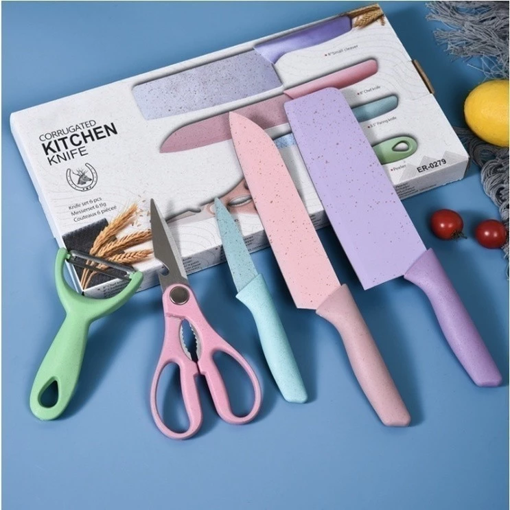 Kit facas de cozinha/Churrasco Profissional Antiaderente 6 Peças Preto/colorido - Imagem 4