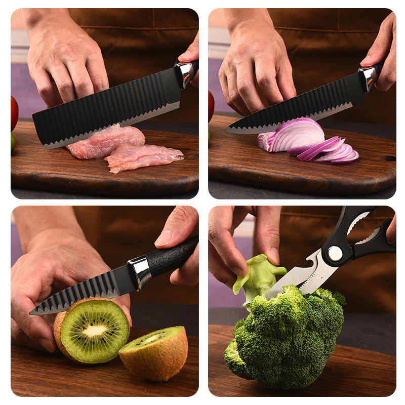 Kit facas de cozinha/Churrasco Profissional Antiaderente 6 Peças Preto/colorido - Imagem 2