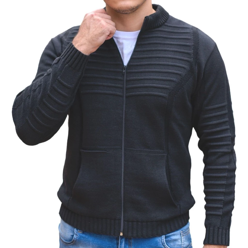 Casaco De Frio Lã Tricot Masculino Jaqueta Masculina Com Bolso e Ziper