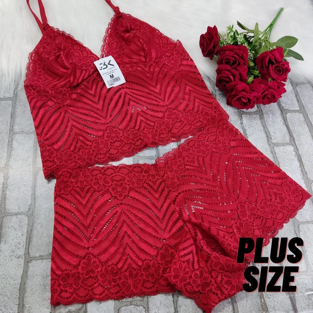 Conjunto Lingerie Espera Marido Plus Size Cropped + Calcinha Calesson Sem Bojo Renda ( Melina)