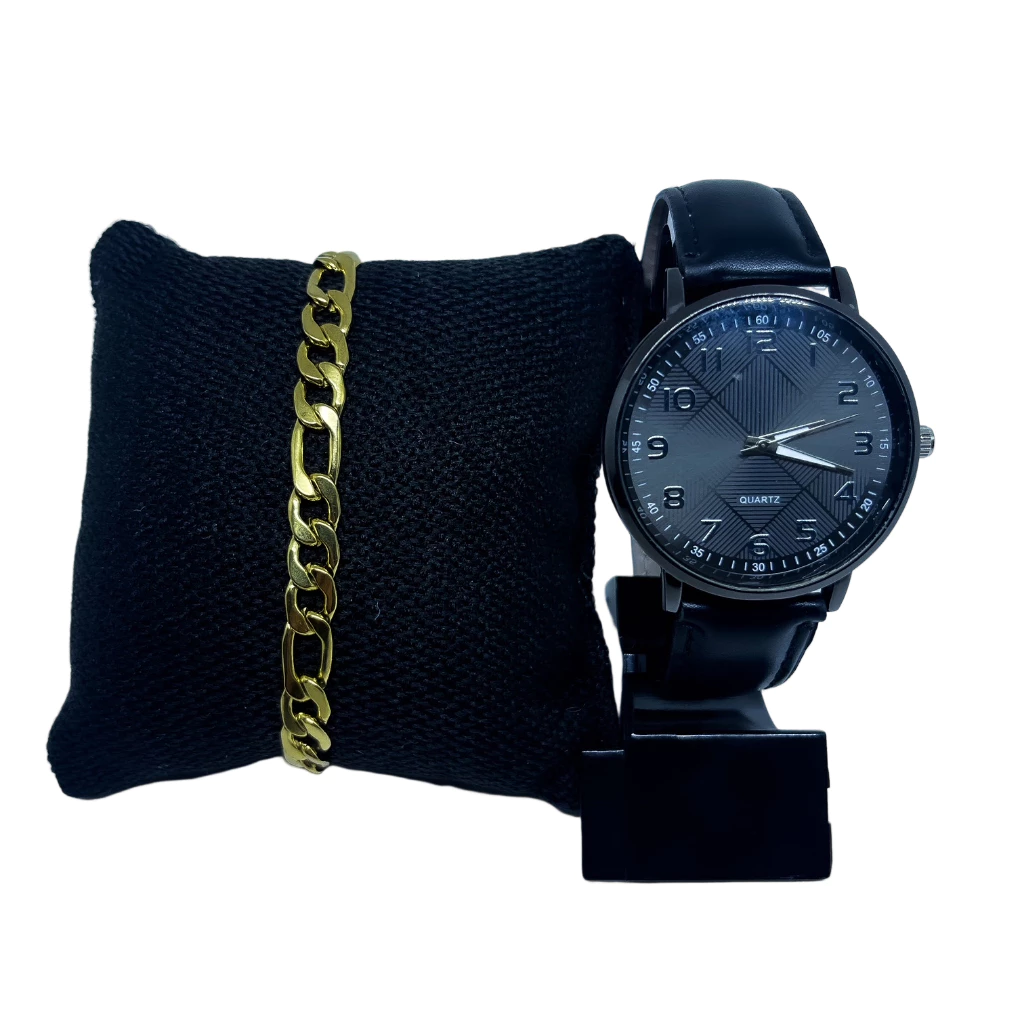 KIT Relógio Masculino Quartz Com Pulseira de Couro + Pulseira banhada Ouro * - Imagem 2