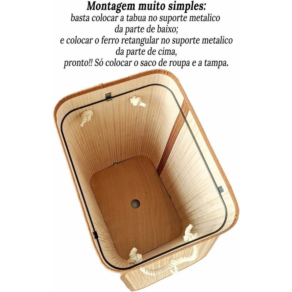 Cesto De Roupa Suja Bambu Dobravel Organizador Forrado Banheiro 60cm Grande Cesto Retangular - Imagem 4