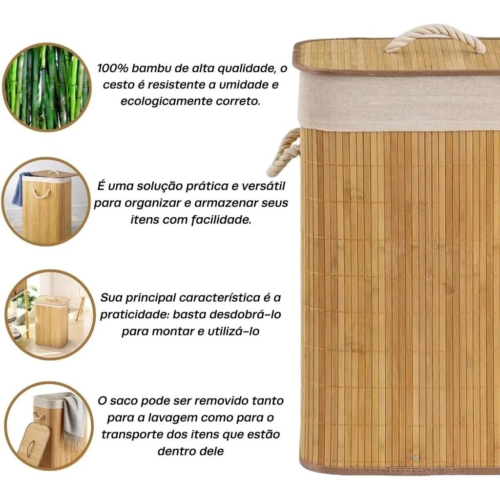 Cesto De Roupa Suja Bambu Dobravel Organizador Forrado Banheiro 60cm Grande Cesto Retangular - Imagem 3
