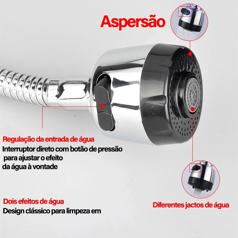 Torneira Gourmet Flexível Cozinha Pretomesa Parede Cobre banhado a prata Duplo Jato Cone 1/4 de Volta - Imagem 4