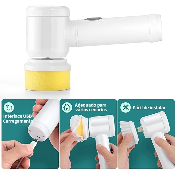 Escova de Limpeza 5 em 1 Sem Fio Limpador Multiuso Prático Com Mais Duas Cabeças de Escova - Imagem 5
