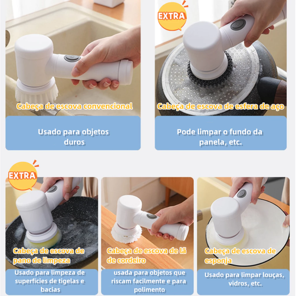 Escova de Limpeza 5 em 1 Sem Fio Limpador Multiuso Prático Com Mais Duas Cabeças de Escova - Imagem 2