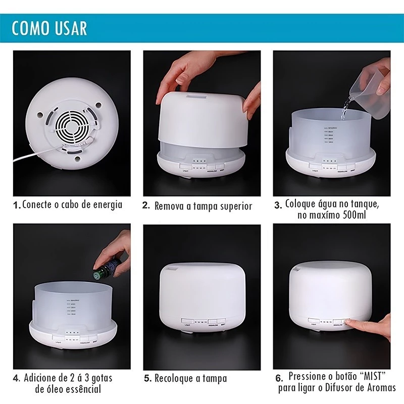 Umidificador Portátil 500ML Aromatizador Luz LED De 7 Cores Com Controle Remoto / Ambiente mais Agradável para Dormir - Imagem 4