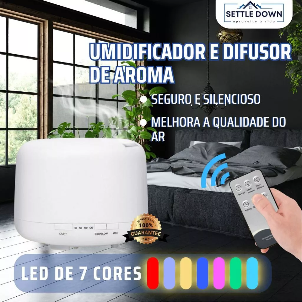 Umidificador Portátil 500ML Aromatizador Luz LED De 7 Cores Com Controle Remoto / Ambiente mais Agradável para Dormir - Imagem 3