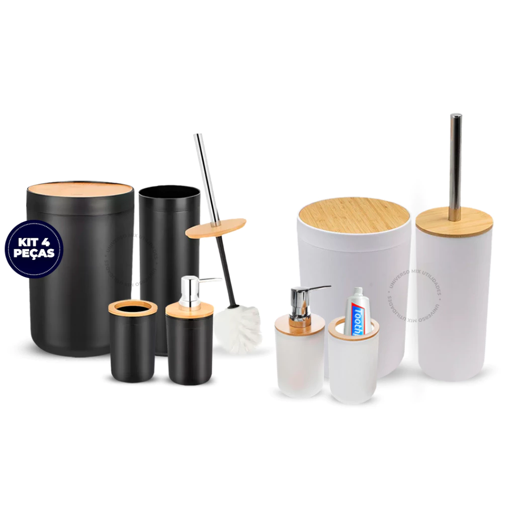 Kit Banheiro Completo Lixeira C/ Tampa Detalhes Em Bambu Luxo - Imagem 2