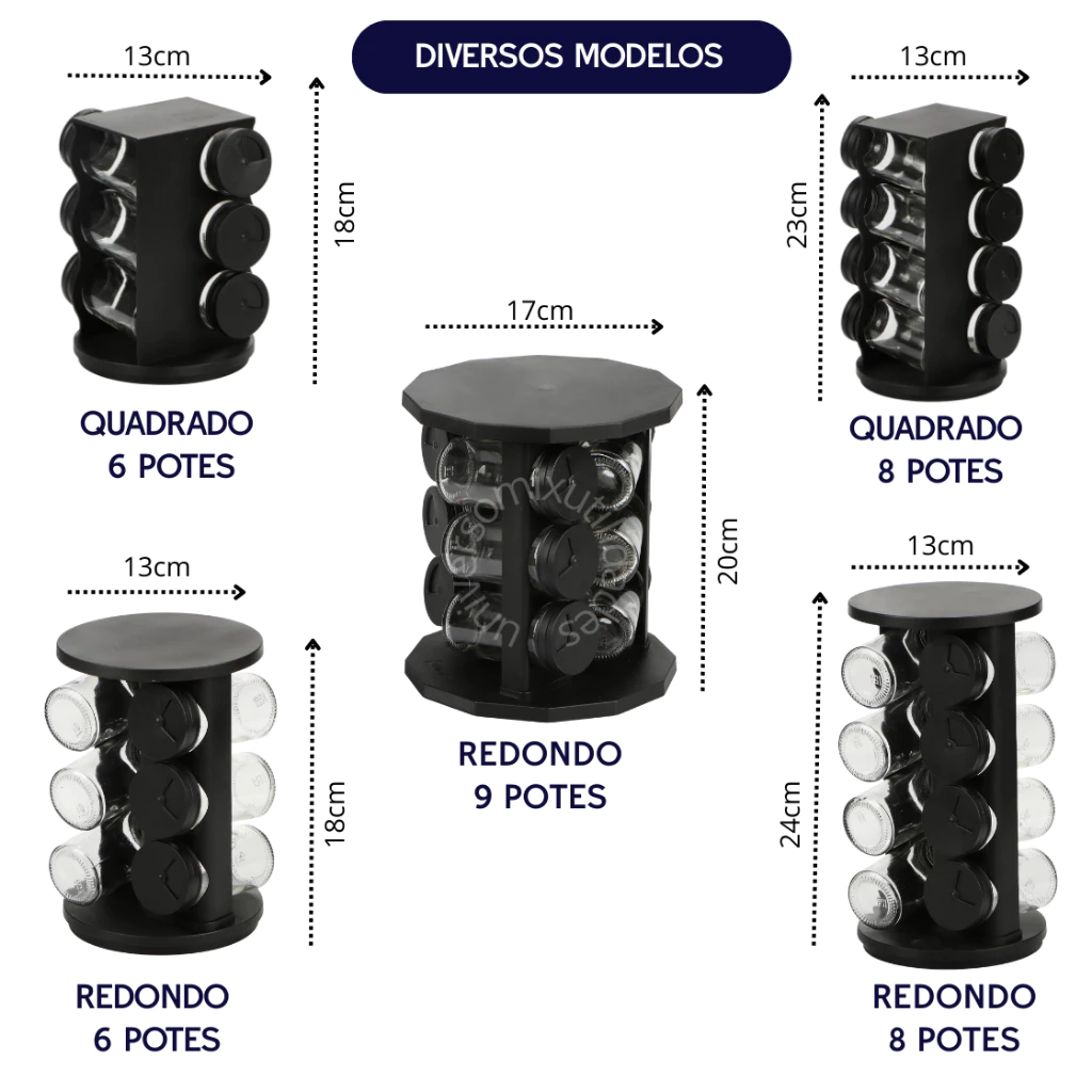 Porta Tempero Giratorio Preto Com 6/8/9 Potes Vidro Reforçado Premium - Imagem 2