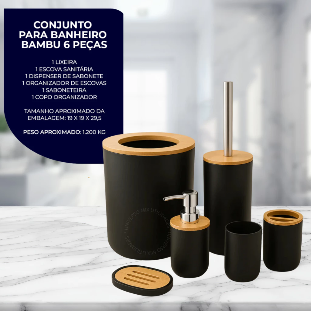 Kit Banheiro Completo Lixeira C/ Tampa Detalhes Em Bambu Luxo - Imagem 3