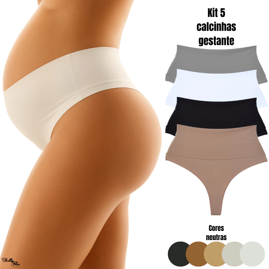 Kit 5 Calcinhas Cós Alto Gestante Grávida Pós Parto Fio Duplo Não Marca CORES NEUTRAS
