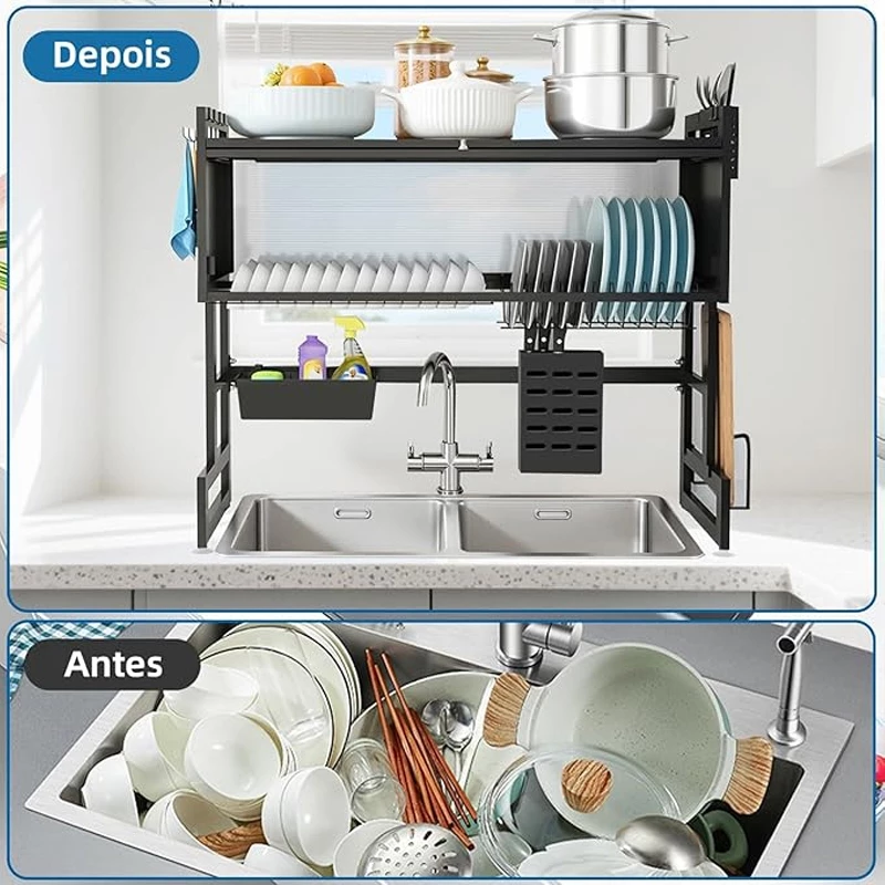 3 camadas Escorredor De Louça 105cm Cozinha Suspensa Modula Pia Rack estante organizadora poeira porta armário - Imagem 2