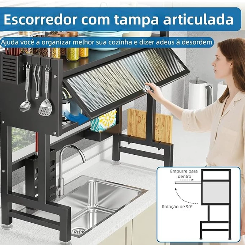 3 camadas Escorredor De Louça 105cm Cozinha Suspensa Modula Pia Rack estante organizadora poeira porta armário - Imagem 3