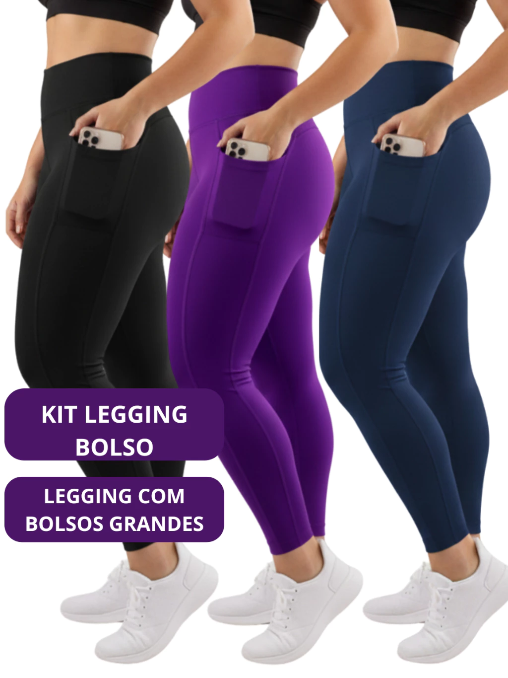 Kit 3 Calça Legging Feminina com Bolso Lateral Fitness Cós alto Esportiva ideal guardar objetos