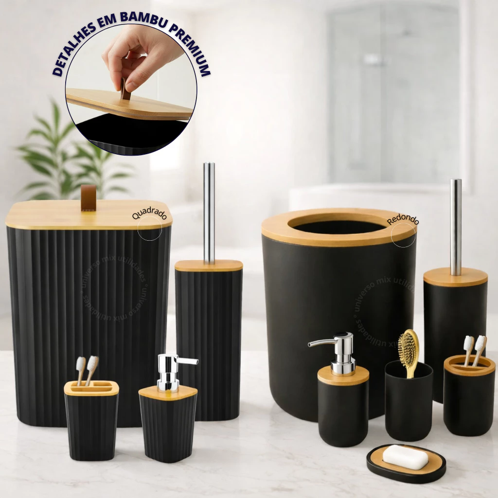Kit Banheiro Completo Lixeira C/ Tampa Detalhes Em Bambu Luxo
