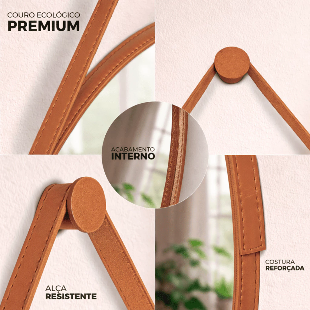 Espelho Redondo Decorativo Adnet Alça Couro Suporte 60cm 50cm 40cm 30cm Sala Quarto Banheiro Hall - Imagem 2